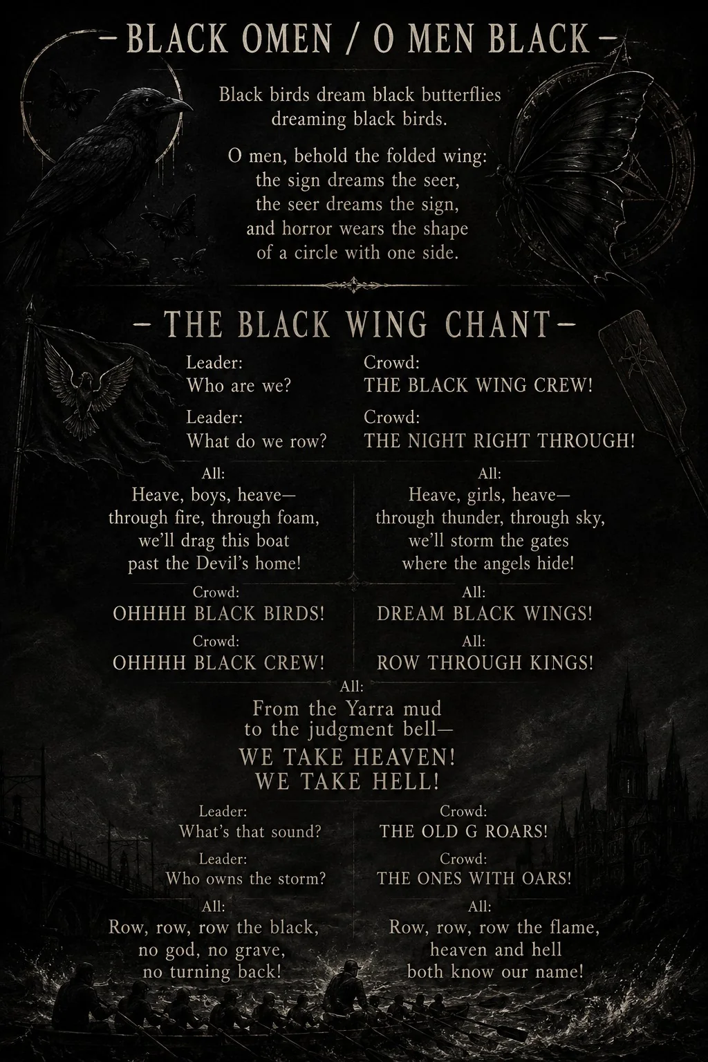 Black Omen and Black Wing Chant poster featuring a black bird, butterfly and rowing crew