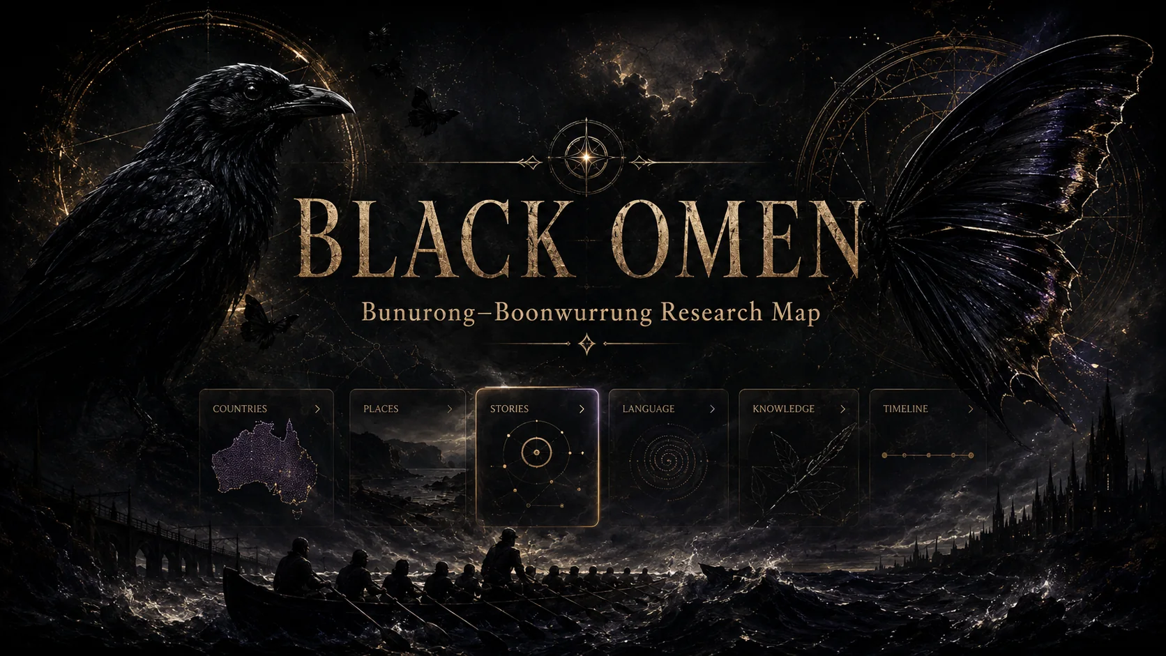 Black Omen research map artwork with a crow, butterfly wings and a crew rowing through dark seas
